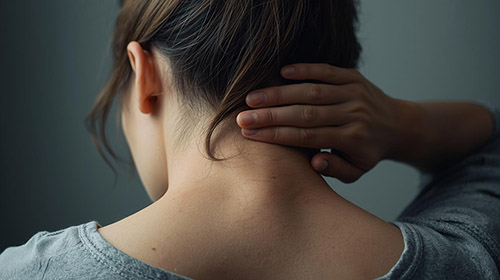 Der Hinterkopf und Nacken eines Menschen ist zu sehen. Eine Hand fast sich an den Hinterkopf, da wo der Schmerz vermutet werden kann.